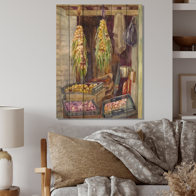 Faisceaux d'oignons dans un décor rétro - impression d'art mural en bois de ferme, H 32 po x l 16 po x P 1 po