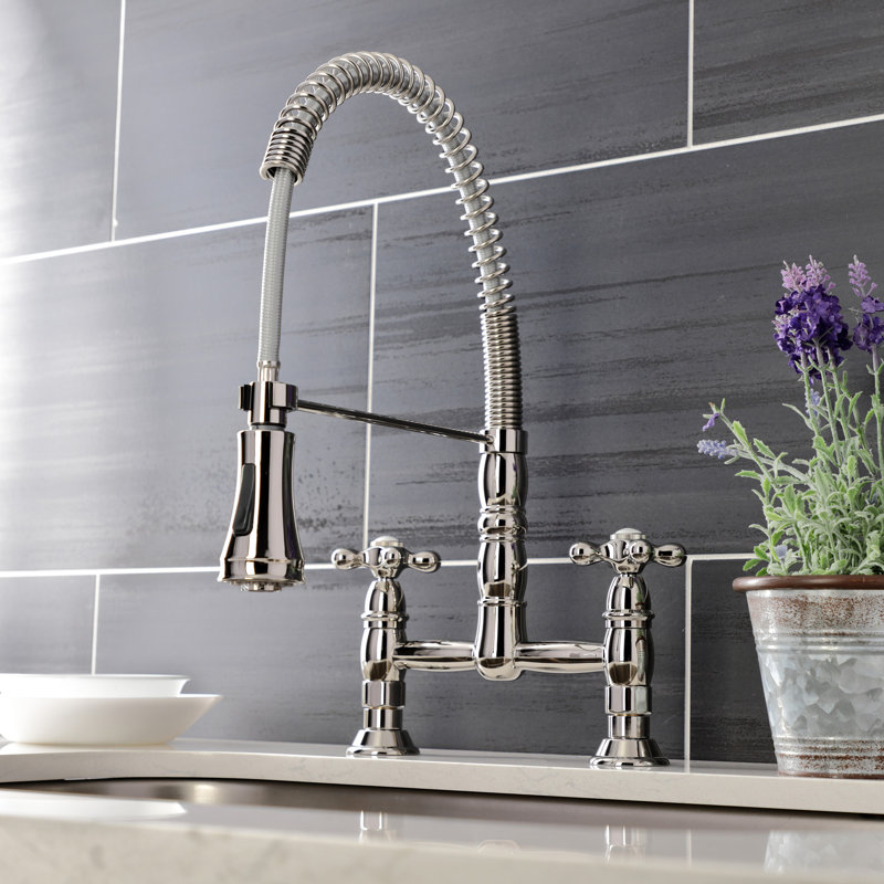 Kingston Brass Heritage Double-Handle 2-Hole Deck-Mount Pre-Rinse Bridge Kitchen Faucet, Polished Nickel
