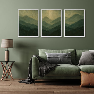 «Moody Green Mountain Range», ensemble de 3 pics de forêt superposés dans des tons olive foncé pour le salon et la chambre à coucher