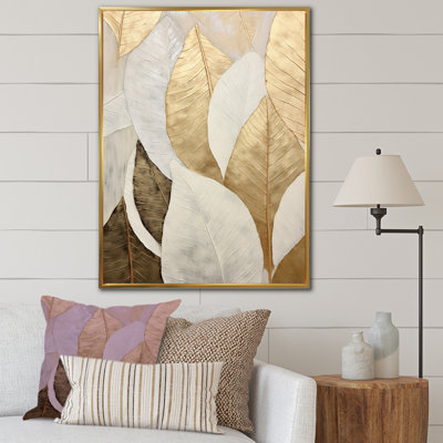 «Gold Minimalisme Leaves Collage III - Leaves», reproduction d'art sur toile encadrée