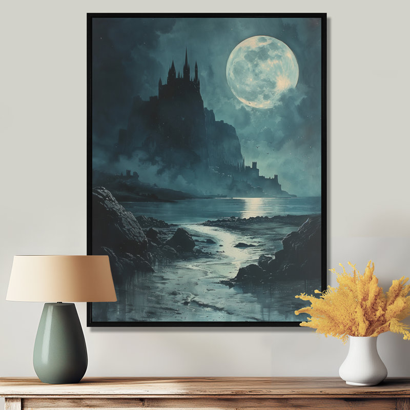 Art mural noir et bleu, château de vampire au clair de lune II, Toile avec cadre flottant noir, H 20 po x l 12 po x P 1 po