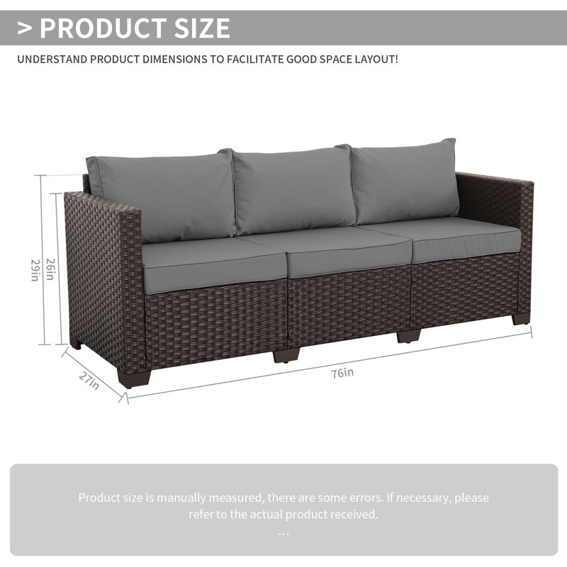 Canapé d'extérieur en osier de 79 po de largeur avec coussins antidérapants et housse imperméable Ailina, Brun, Gris foncé