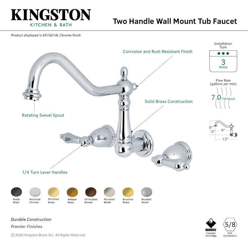 Kingston Brass Heritage Two-Handle 3-Hole Wall Mount Roman Tub Faucet, Matte Black