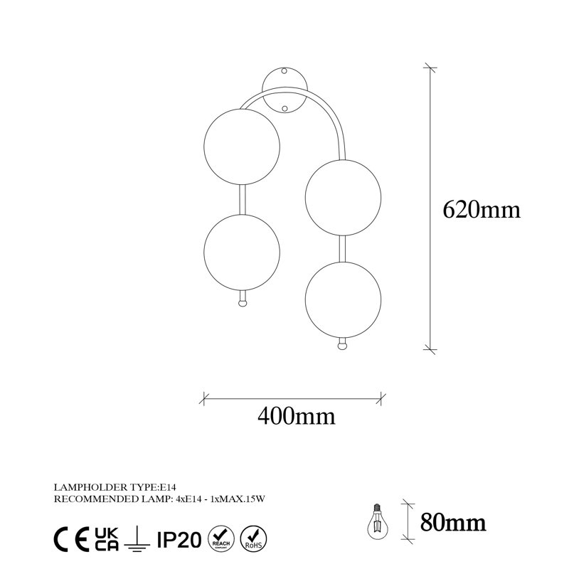 Lampe murale moderne avec corps en métal et capuchon en verre, noir et crème, 15 x 10,2 po | Hauteur totale: 24,4 po | IP20, 4 x douilles E14 (15 W maximum) | Design industriel et scandinave élégant pour la décoration intérieure