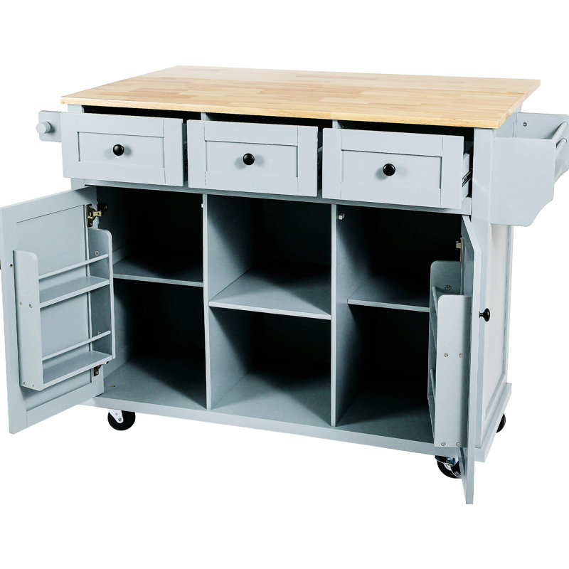 Kitchen Cart With 3 Drawers & Drop Countertop, 5 Rolling Wheels, Grey Blue Cabinet Door Storage, For Compact Space