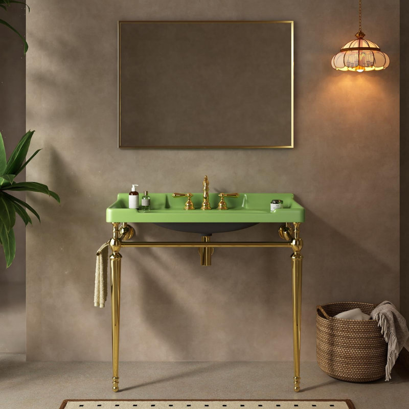 Lavabo de console de salle de bain, lavabo mural, pieds de support autoportants, sans robinet, Vert, Doré