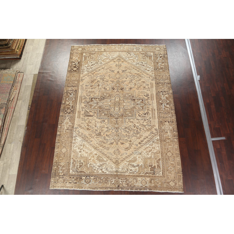 Tapis à motif géométrique vieilli Persian Heriz noué à la main 8 x 11
