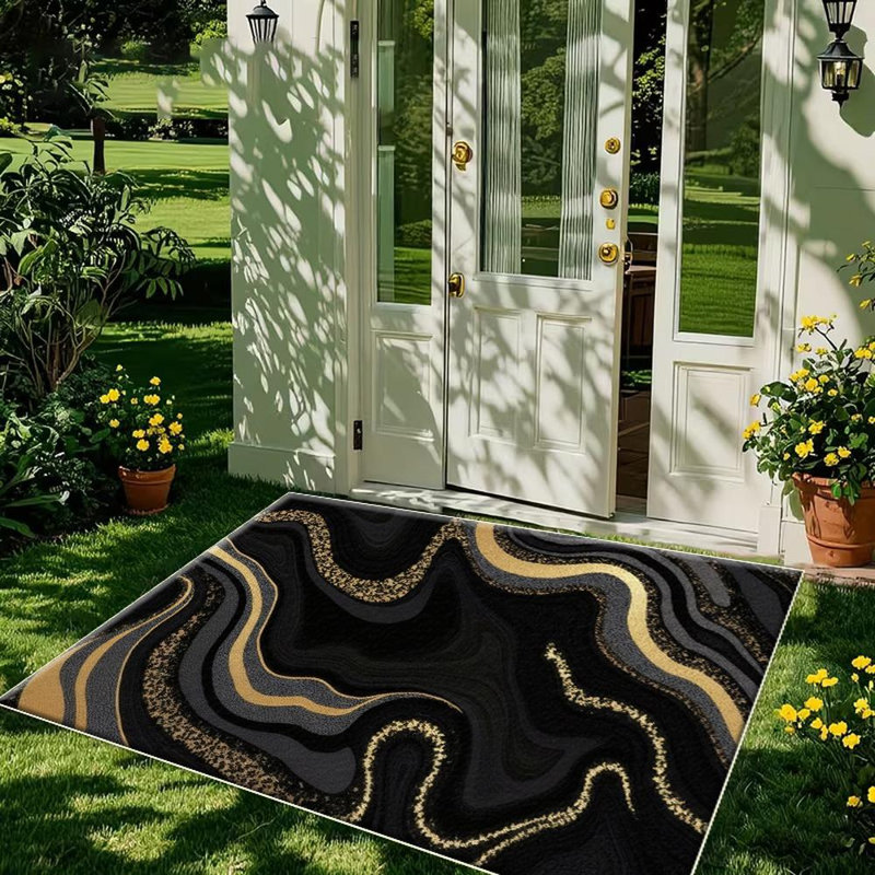 Abstract Patterned Black And Gold Area Rug, Soft And Lightweight, Suitable For All Seasons, Easy To Maintain And Easy To Clean, Machine Washable Carpet Floor Mat, Suitable For Living Room, Bedroom, Dining Room, Hallway, Balcony, Room Decor, Home Decor, O