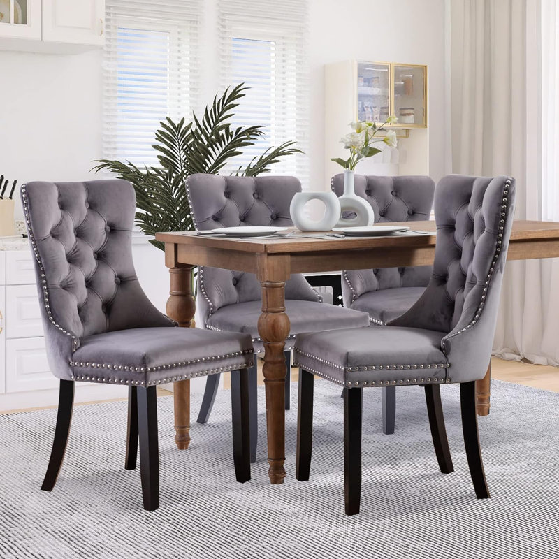 Dining Chairs, Upholstered High-end Tufted Dining Room Chair with Nailhead Back Ring, 4, Gray Velvet, Black