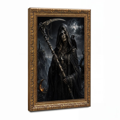 Gothic Grim Reaper Holding Scythe With Raven On Halloween Canvas Wall Art