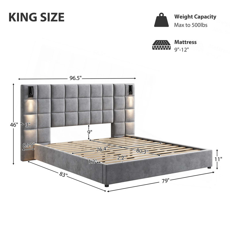 Upholstered Bed,with Reading Lamp and Usb Port, Wide Headboard,without Bedside Tables and Mattress,Velvet, King