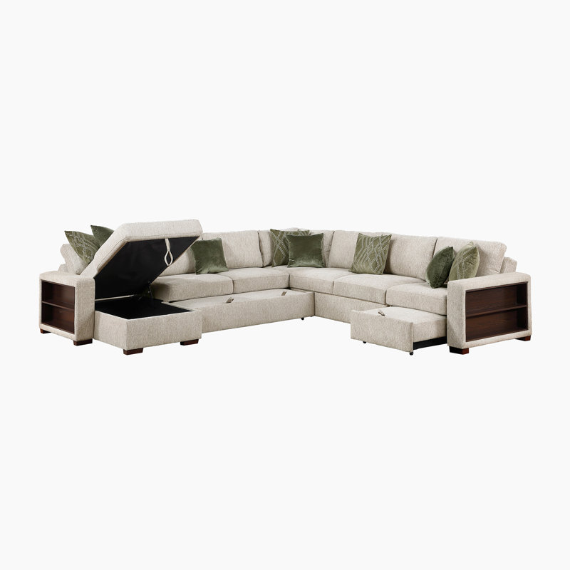 Canapé modulaire en microfibre 5 pièces de 140 po avec lit escamotable, ports de charge intégrés et rangement caché 140 po.