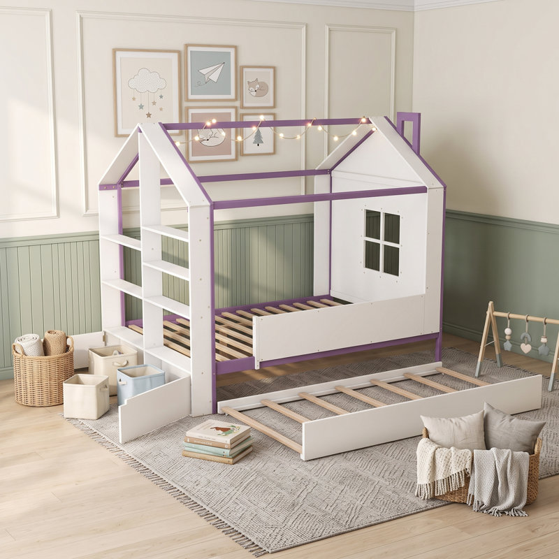 Structure de lit House avec lit gigogne coulissant, tablettes de rangement et lumière DEL, Full, White Purple