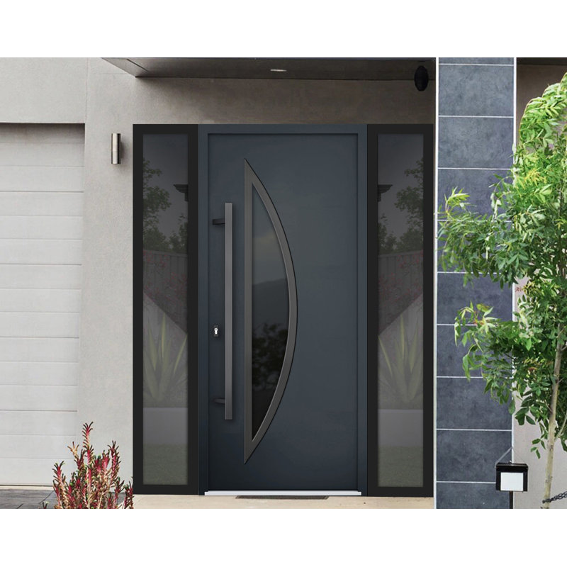 Front Exterior Prehung Steel Door / Deux 6501 Anthracite / 2 Side Exterior Windows / Stainless Inserts Single Modern Painted-W14+36+14" x H80"-Right-hand Inswing