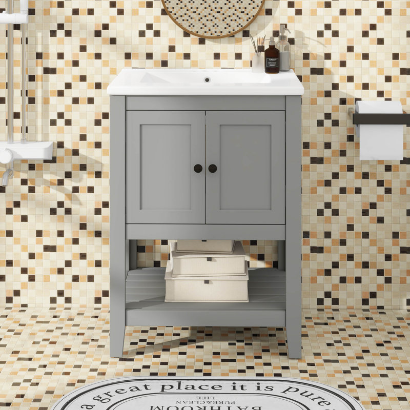 Armoire de meuble-lavabo simple 24 po avec portes et tablette ouverte 24 po, Grey
