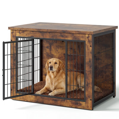 Meuble de caisse en bois pour chien avec portes avant et latérales et coussin épais | Chenil robuste, table de bout latérale, conception anti-mâcher pour petits et grands chiens
