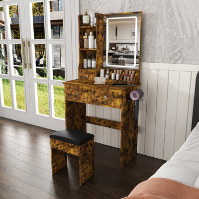 Bureau de coiffeuse avec tiroirs et tablettes de rangement, coiffeuse avec support pour sèche-cheveux et prise de courant, une coiffeuse