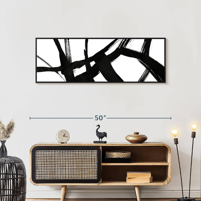 Encre noire stries V, 57 po x 19 po, Cadre flottant noir
