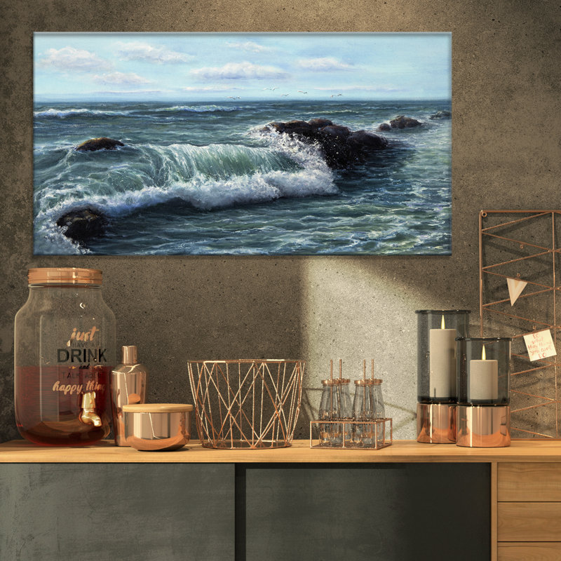 Vagues déferlantes et rochers-impression d’art graphique sur toile tendue, H 16 po x l 32 po x P 1 po