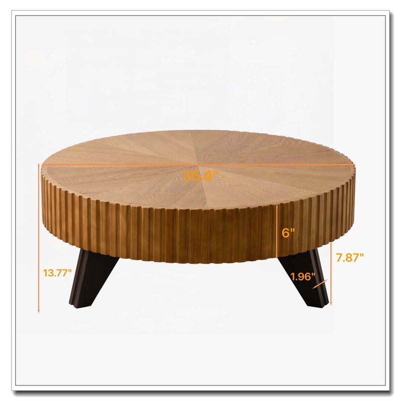 35.4 "Round Retro Coffee Table, Natural Top/Black Base