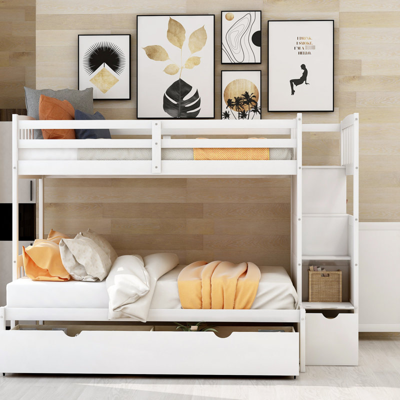 Lit superposé simple au-dessus de double en blanc avec espace de rangement sécurisé - option de rangement protégé / stable / double fiable et organisée