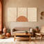 Ensemble de 3 impressions sur toile, motif rayons de soleil avec rayons géométriques et tons chauds-132843674