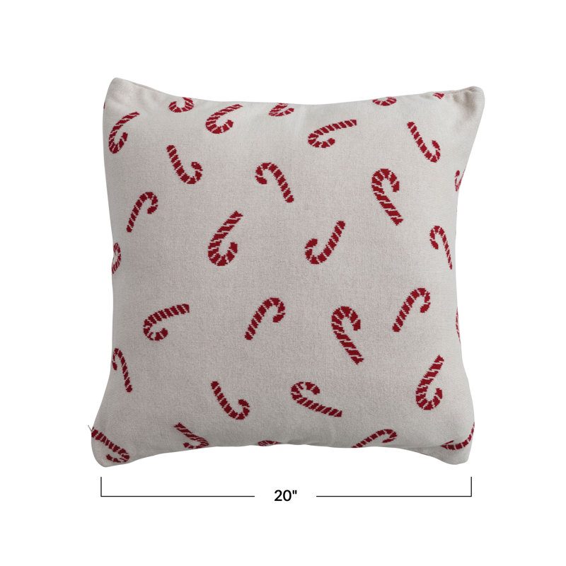 Whimsical Cotton Knit Pillow With Candy Cane Pattern, Natural Christmas, Square 15", Cotton