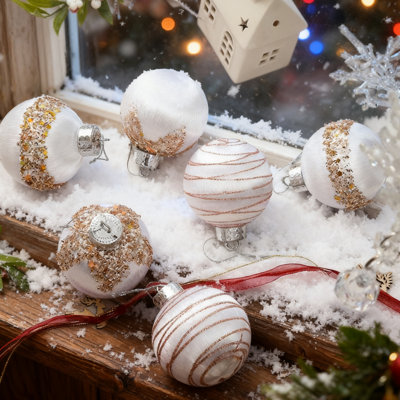 Ensemble de 6 luxueuses boules de Noël en velours blanc avec spirale scintillante et paillettes - ornements festifs de 6 cm pour un arbre de fête