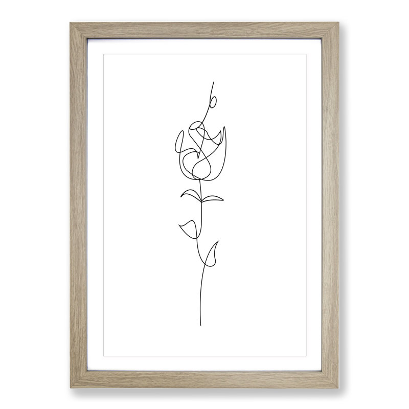 Line Flower - Picture Frame Drawing, Oak Framed, 65cm H x 48cm W x 2cm D