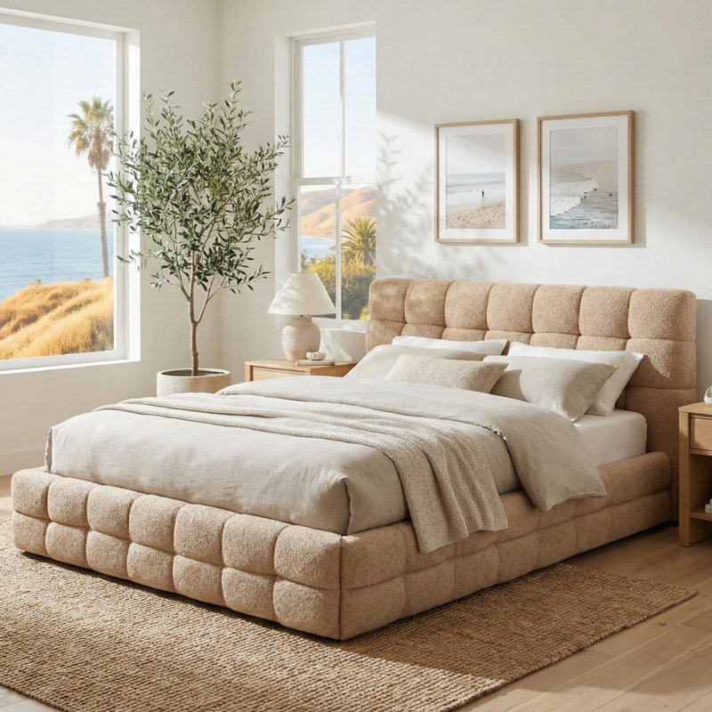 Plush Upholstered Bed, Queen, Camel