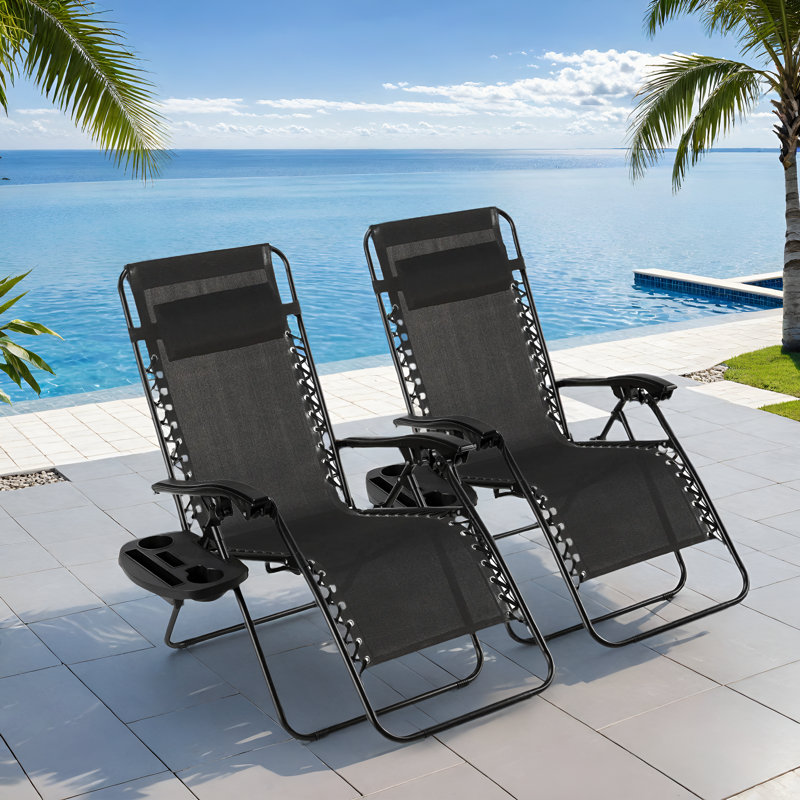 Zero Gravity Chair Set of 2, Outdoor Folding Lounge W/Detachable Headrest & Holder Tray, Adjustable, Noir, noir, noir, noir