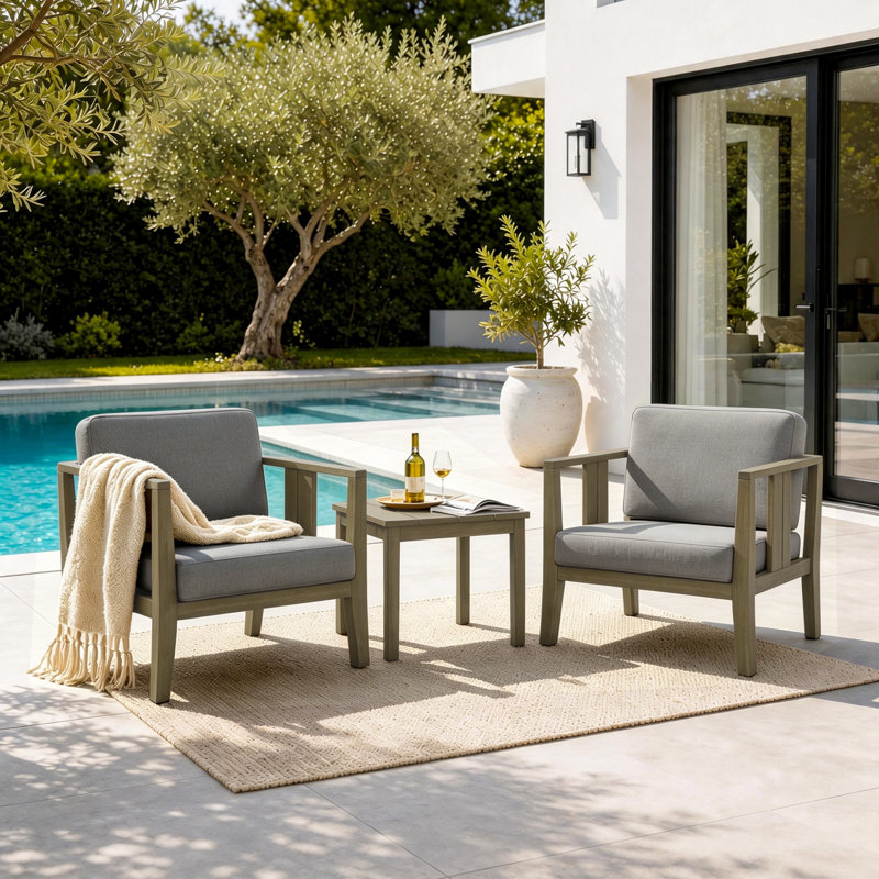 Junco Teak Outdoor Two-Person Patio Set With Cushions And Side Table, Brown, Gray