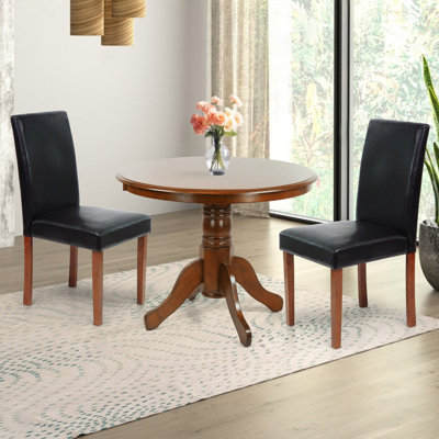 3 Piece Dining Table Set, 2 Classic Style Solid Wood Falabella Upholstered Chairs w Round Pedestal Base Dining Table,