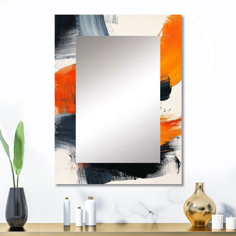 Balck And Orange Converge Dream I - Line Art Decorative Mirror, Modern Wall Mirror, Printed Metal Art, 32" x 24"