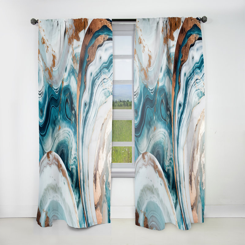 Effington - Blue Gold Half Circle Marble Abstract V - Modern Curtain - Velvet Room Darkening - 1 panel, 52" W x 84" L