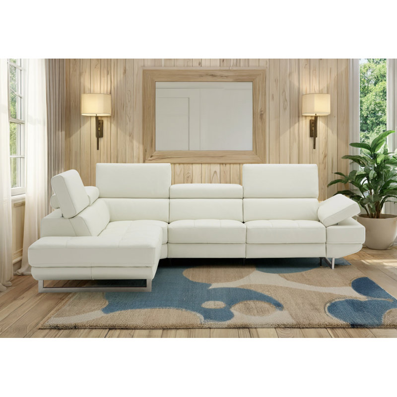 Cartagena Faux Leather L-Shaped Sectional, Snow White Genuine Leather, Left Hand Facing