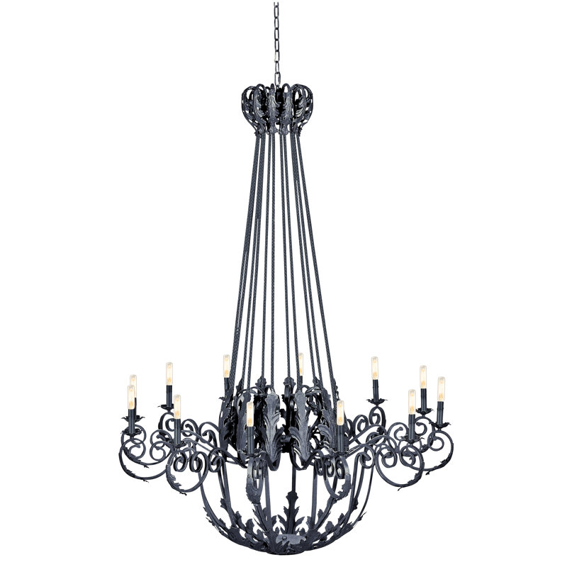 French 12-Light Candle Style Empire Chandelier with Wrought Iron Accent, 120V, Flat Black