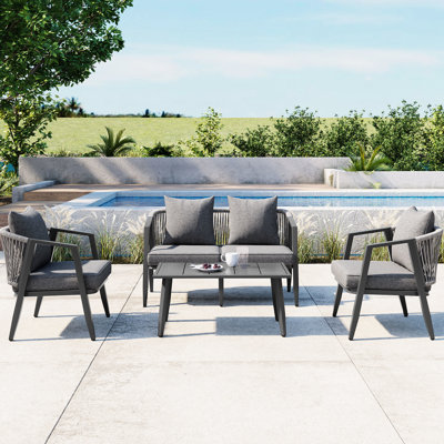 Ensemble de sièges d'extérieur polyvalents en fer - Patio, balcon, pelouse 4 avec coussins confortables et table 4, pelouse, assorti au bord de la piscine