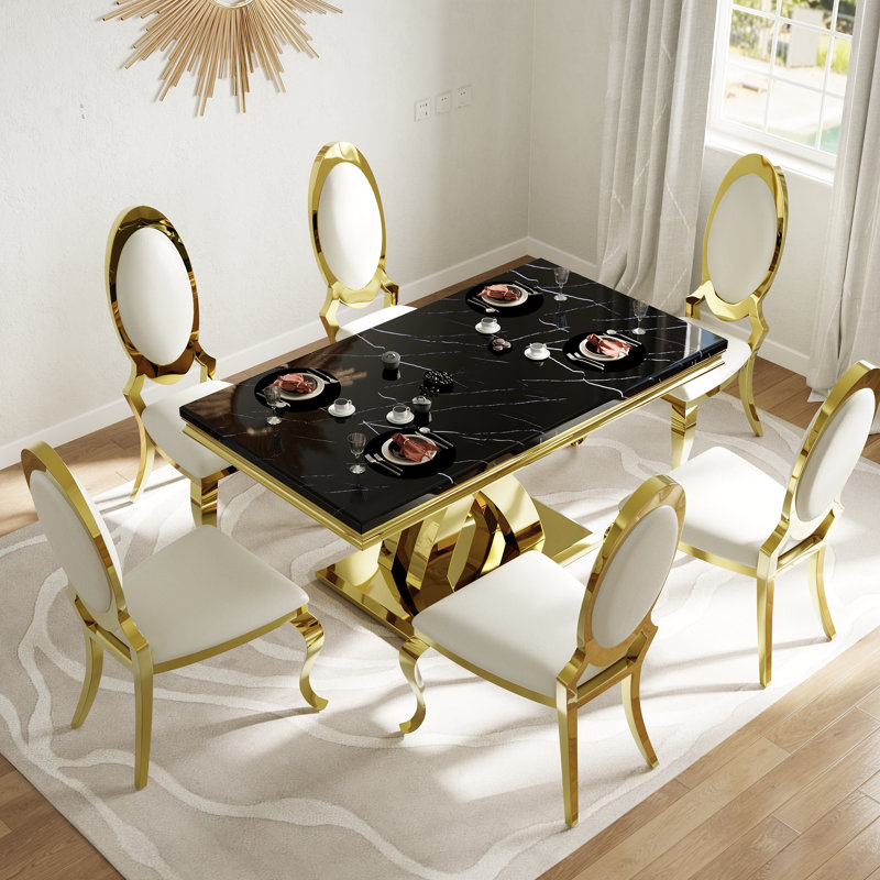 Ensemble de table de salle à manger luxueux en faux marbre et or noir avec 6 chaises en cuir blanches, Blanc / Doré, Doré