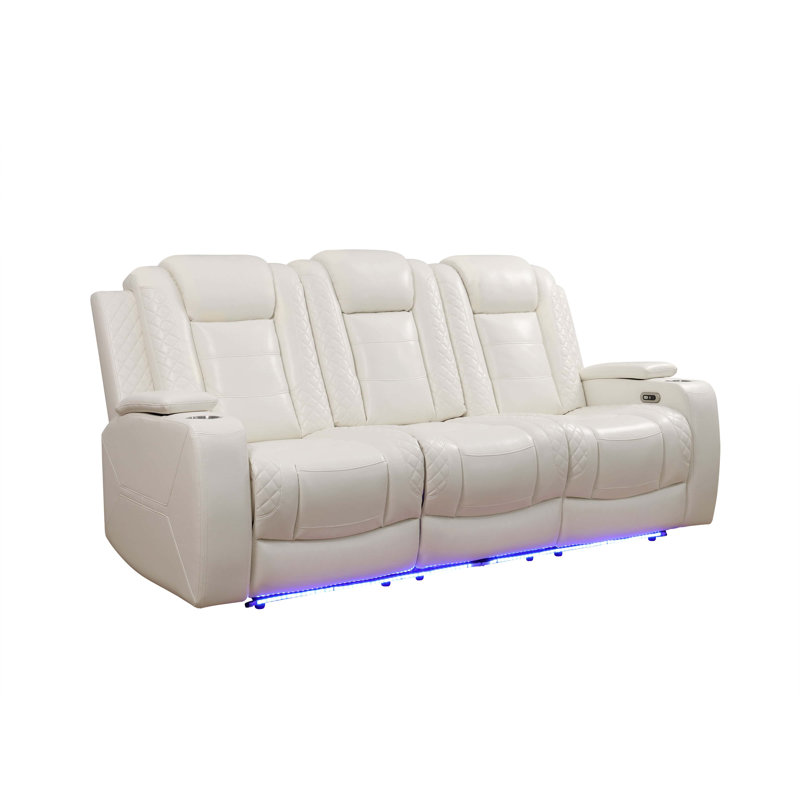 Softaura White Vegan Leather Power Reclining Sofa Set With LED Lights,USB&Wireless Charging,Armrest Storage Compartment And Cup Holders