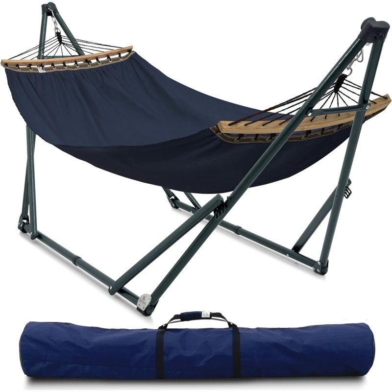 Support pour hamac universel - acier - toile - bleu marine, Bleu marine, Noir
