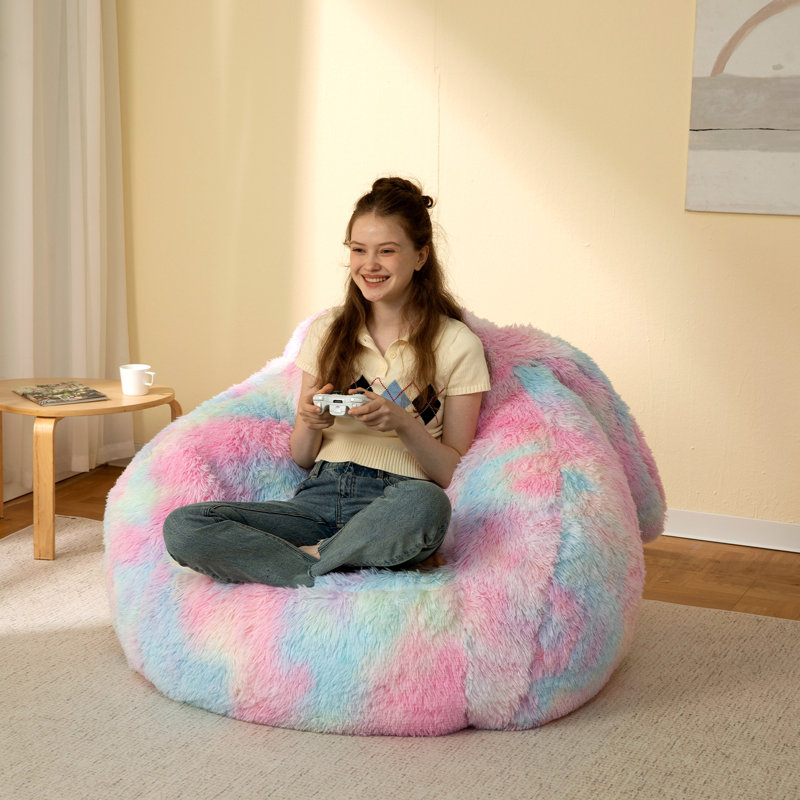 Large Compressed Plush Bunny Bean Bag Sofa | Soft Faux Fur, Floppy Long Ears & Attached Tail, Oversized Adult Relax Chair