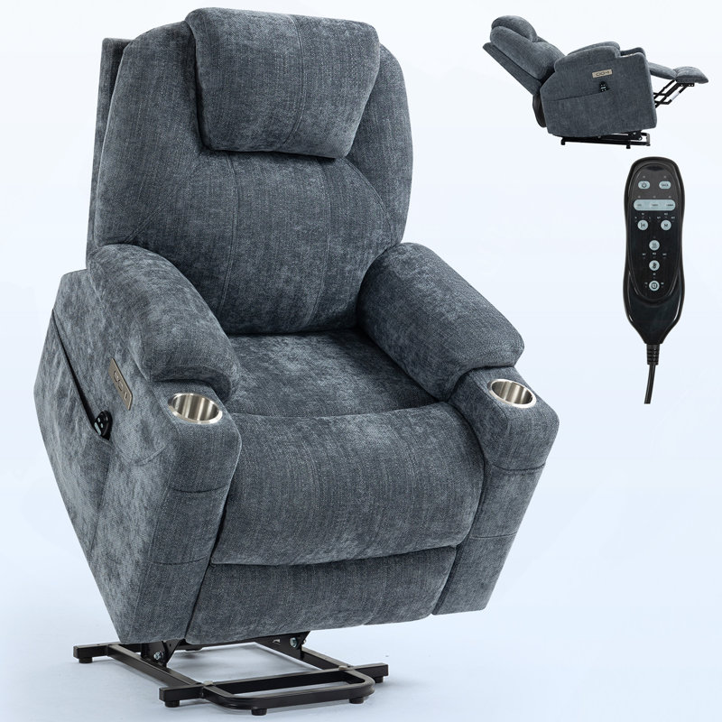 Up To 350 LBS Chenille Power Lift Recliner Chair, Heavy Duty Motion Mechanism With 8-Point Vibration Massage And Lumbar Heating, USB And Type-C Ports, Stainless Steel Cup Holders