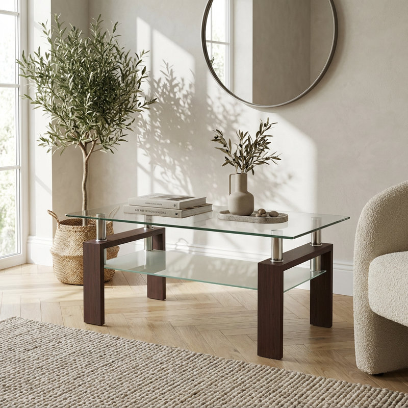 Table basse contemporaine en verre avec cadre en fer et espace de rangement double couche, Noyer