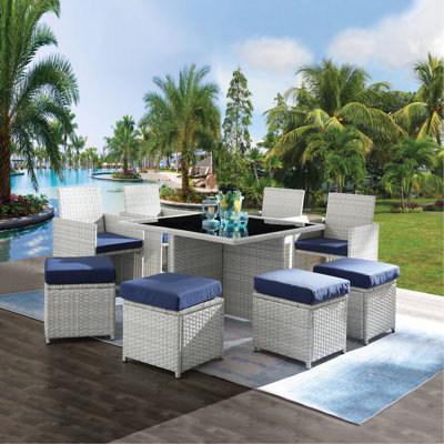 9PCs Blue Fabric & Wicker Bistro Set