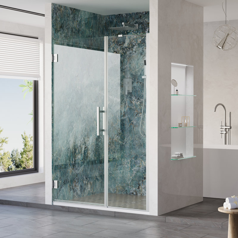 Porte de douche à charnières sans cadre avec paroi de douche fixe en verre trempé transparent SGCC de 9,5 mm (3/8 po), chromée, dimensions : 124-127 cm (49-50 po) de largeur x 183 cm (72 po) de hauteur