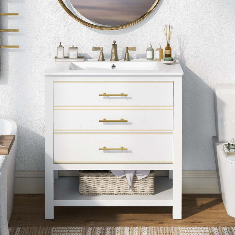 Meuble-lavabo simple avec plateau en céramique 30,22 po Waylynn, Blanc