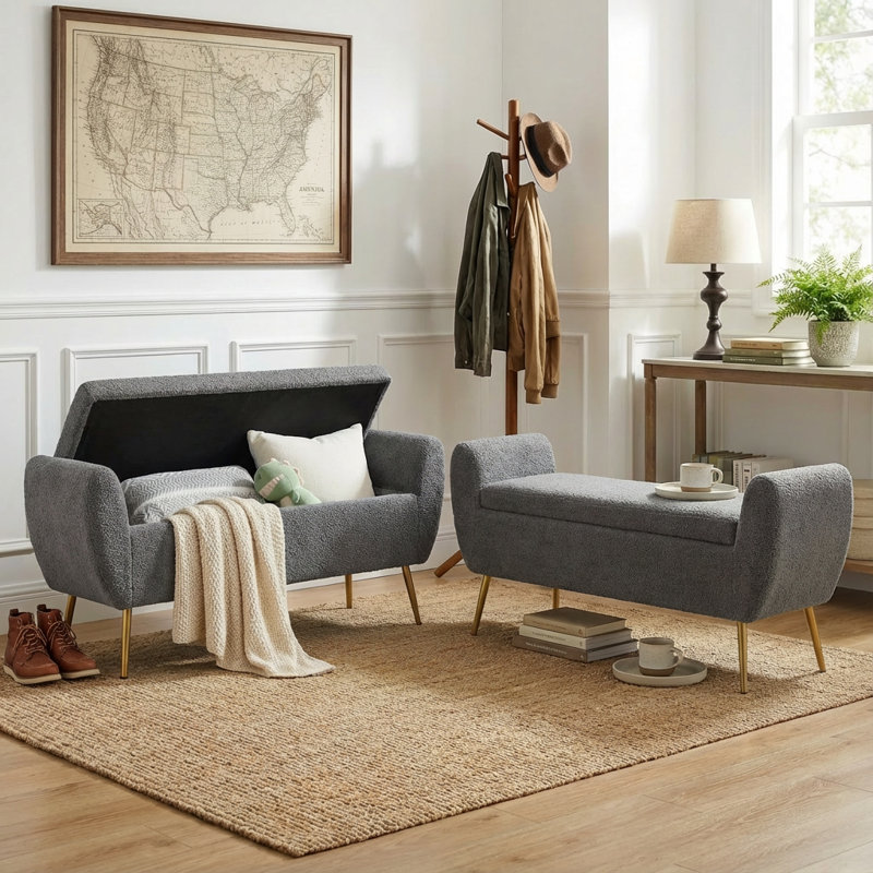 Kaybree Upholstered Flip Top Storage Bench, Gray