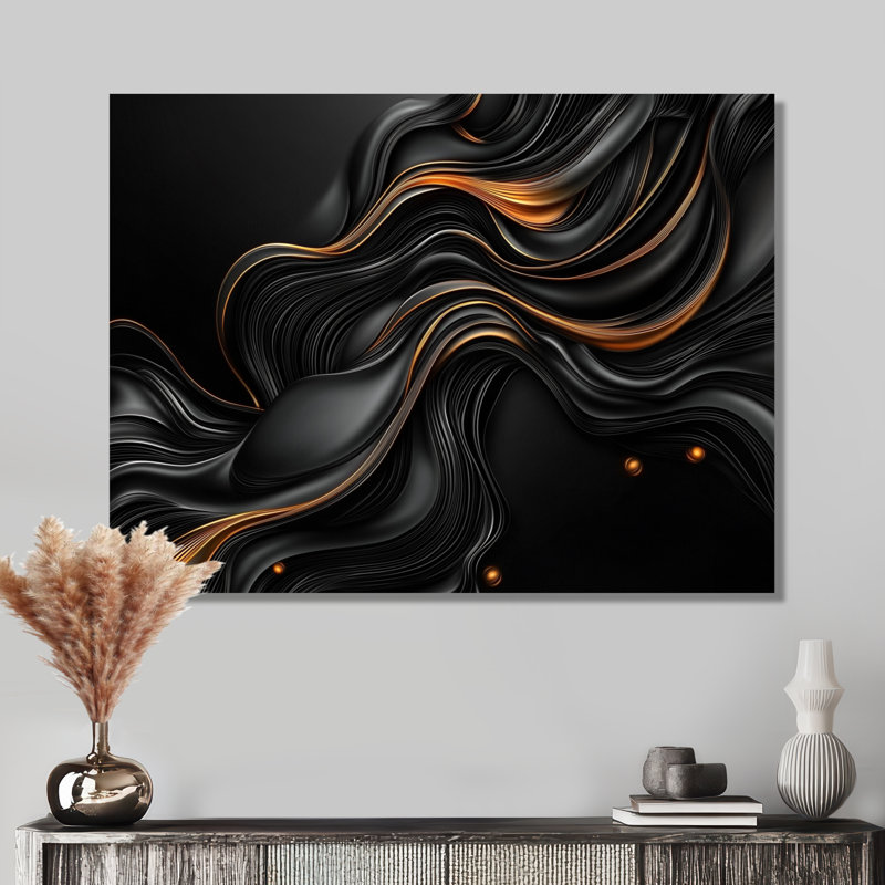 Quantum noir et feuilles dorées II - art mural fractal en métal, impression moderne sur métal, H 12 po x l 20 po