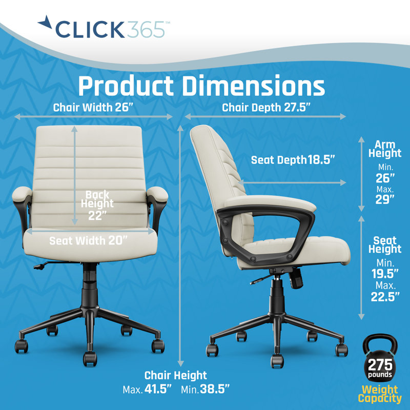 Click365 Transform 3.0 Ergonomic Mid Back Channel Stitching Desk Chair, with Padded armrests, White, Velvet